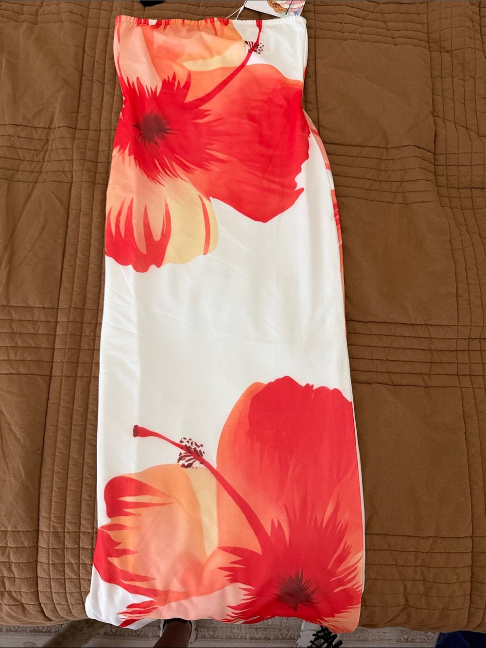 Pretty Garden Floral Maxi Dress XS Strapless Hibiscus Red Orange NWT Summer